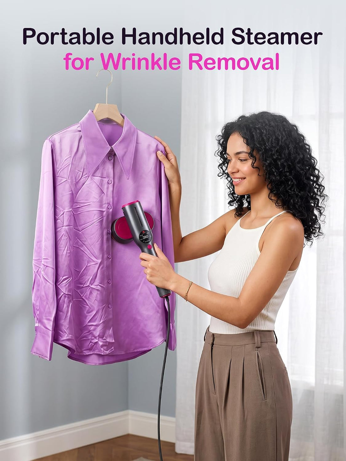 Steaming a hanging shirt
