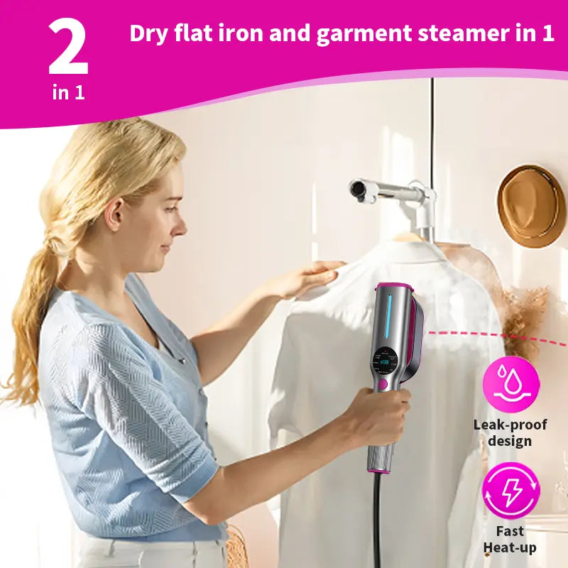 Steaming a hanging white shirt