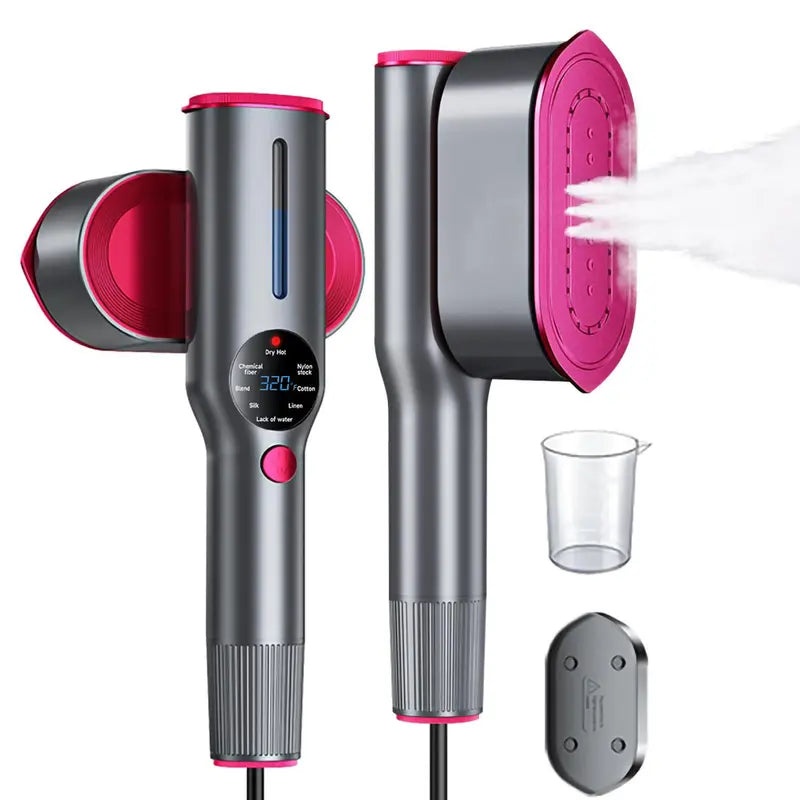 2-in-1 handheld steamer shown from front and side, with measuring cup and resting pad